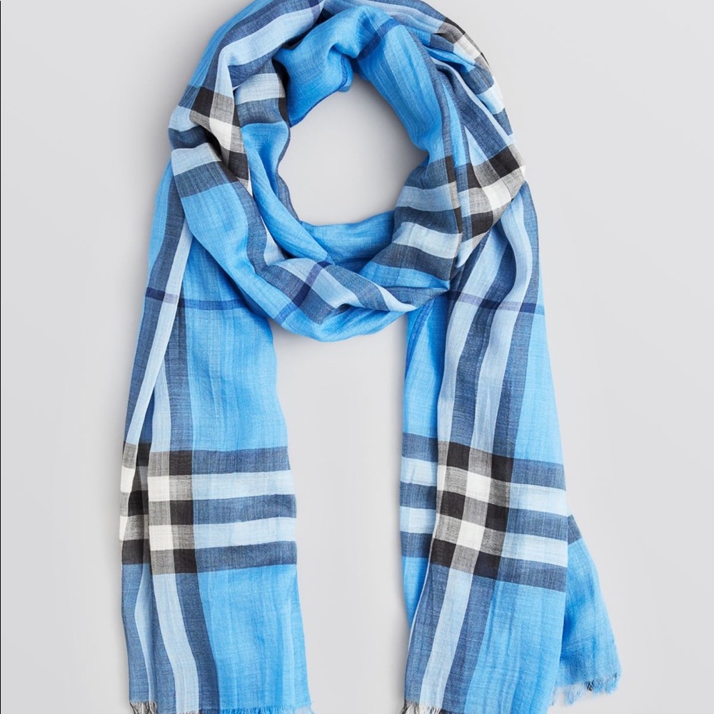 Burberry Giant Check Wool & Silk Gauze Scarf blue